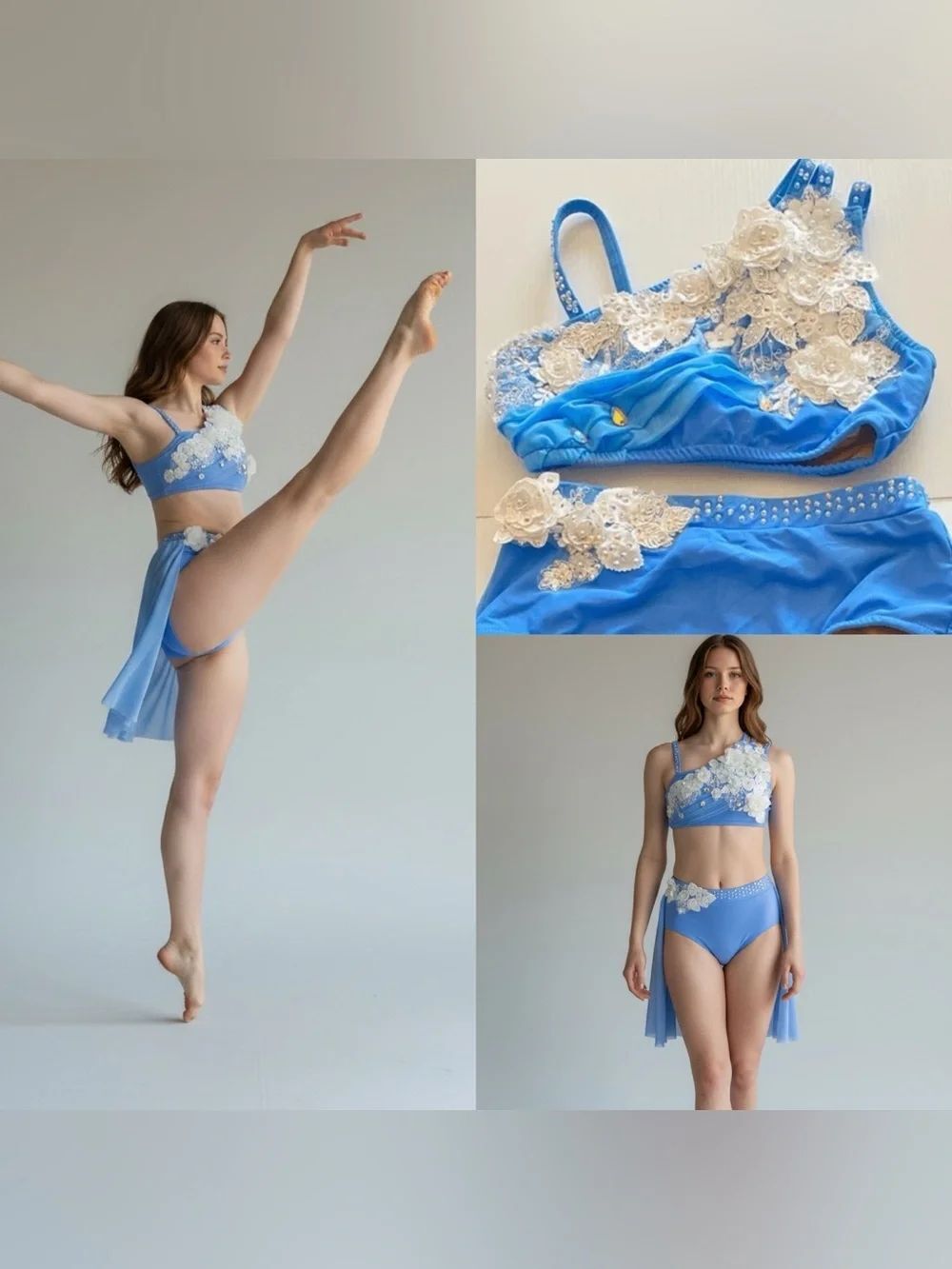 Glamour Lyrical Dance Costume Blue Mesh Skirt Floral Rhinestone SA-Small adult